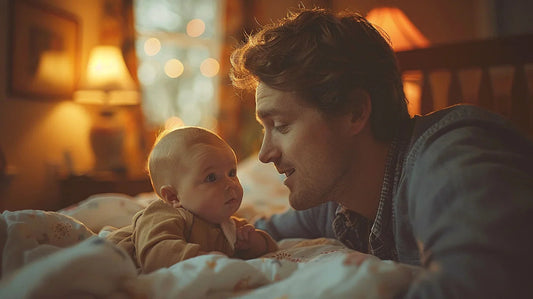 Father soothing baby to sleep in cozy bedroom with warm ambient lighting