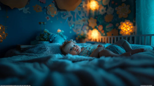 Baby lying on soft bedding in a cozy, softly lit nursery with glowing night lights.