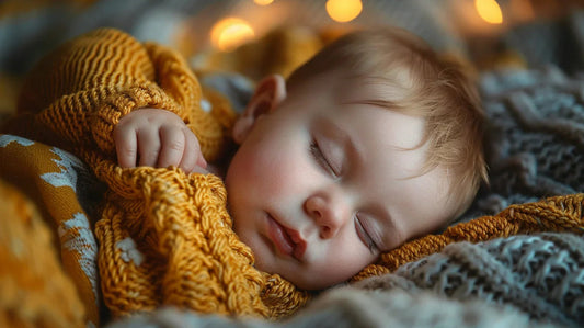 Peaceful baby sleeping in cozy yellow blanket, soft lighting, restful sleep concept