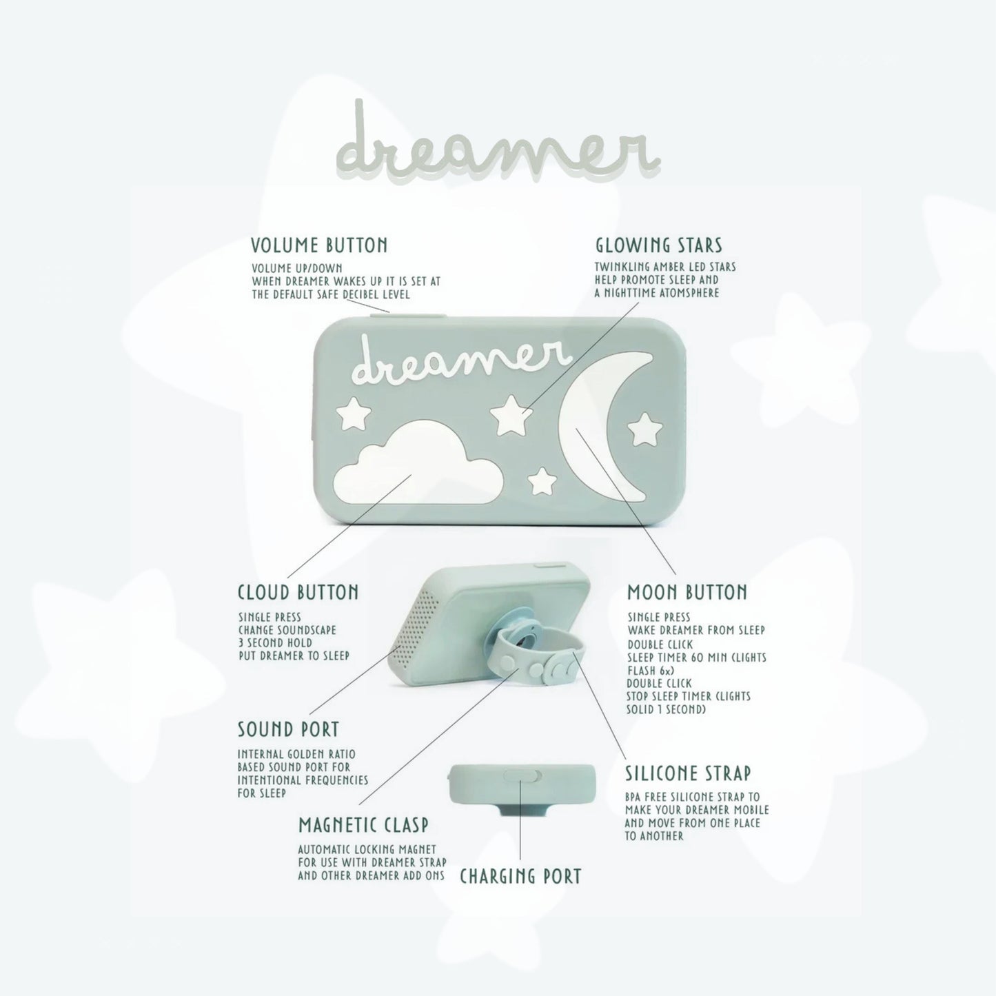 Dreamer™ baby sound machine in sage green with night light glow and intuitive sleep controls
