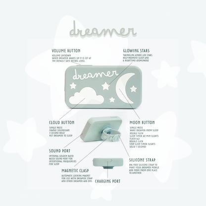 Dreamer™ baby sound machine in sage green with night light glow and intuitive sleep controls