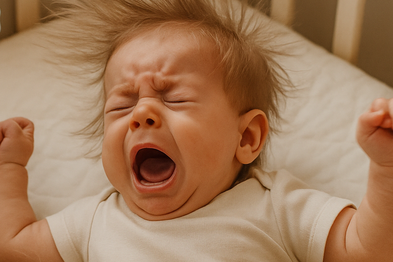 Baby lying on a bed with arms raised next to a white fan.
