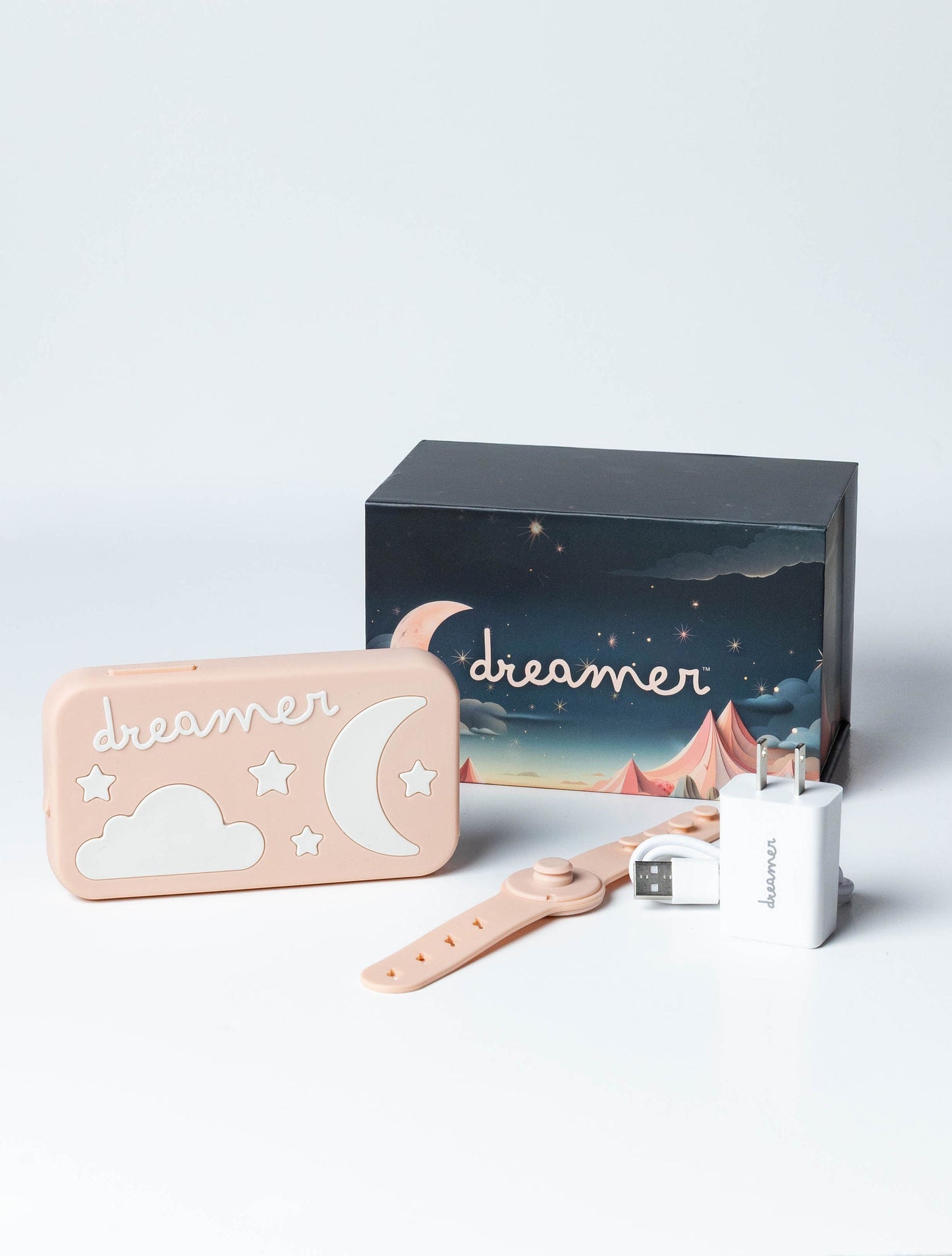 Dreamer™ Duo bundle — peach baby sound machine with magnetic strap, USB-C charger, and starry keepsake gift box