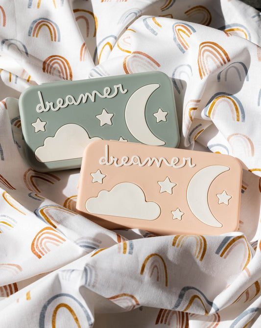 Dreamer™ Duo bundle — two baby sound machines in sage green and peach, ideal for twins and baby showers