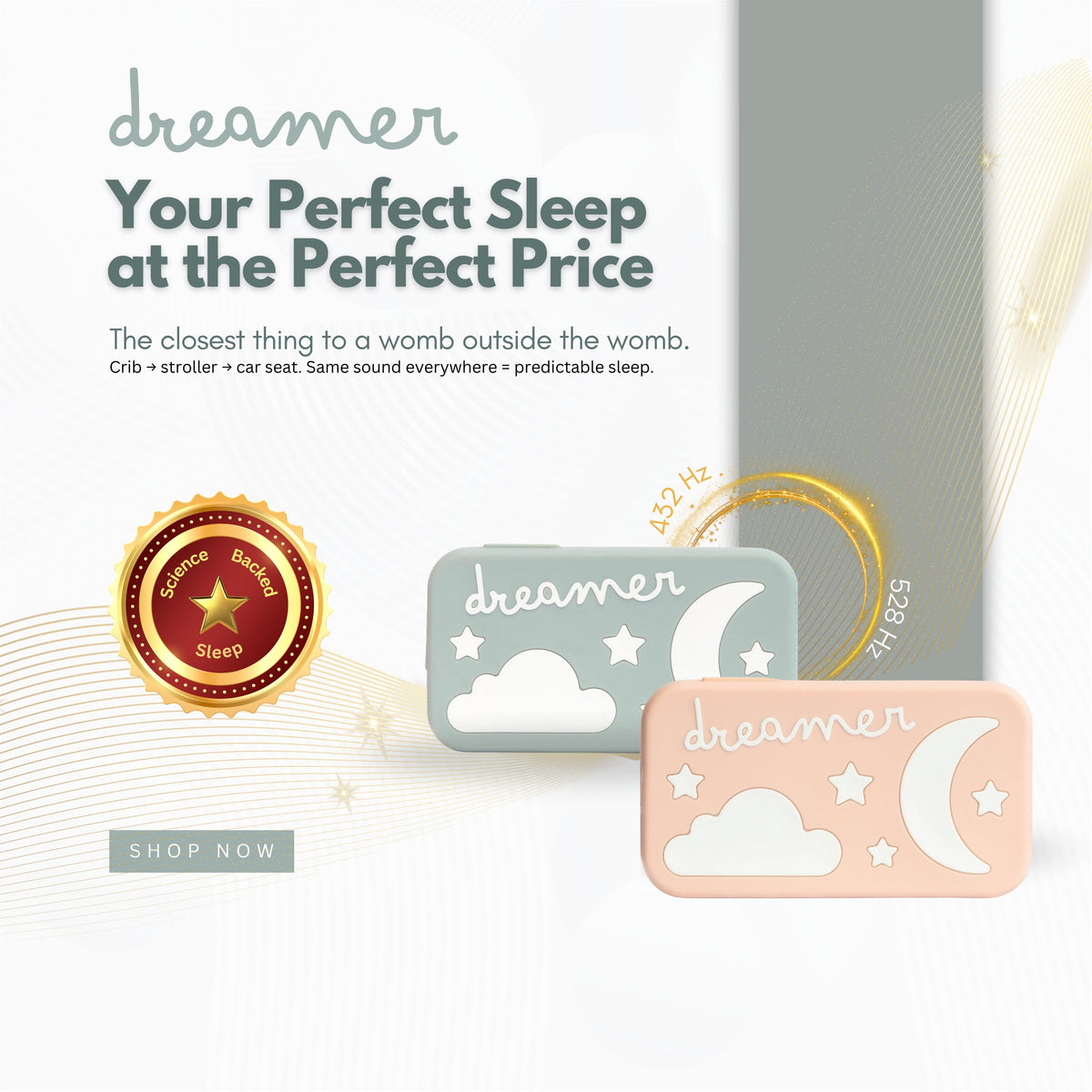Dreamer™ Duo bundle packaging — frequency-based baby sound machines in peach and sage, 432Hz and 528Hz sleep technology