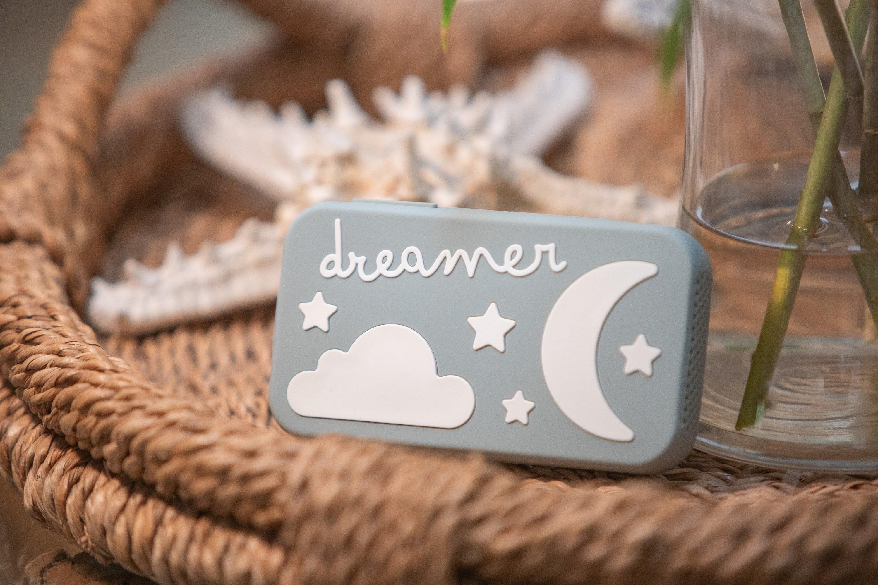 Dreamer baby sound machine in a woven basket (Sage-Dreamer)